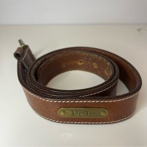 VTG Polo Ralph Lauren Leather Belt 34” Brass Buckle Logo Western Preppy Brown